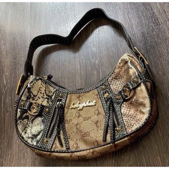 Vintage Baby Phat Snake Skin Shoulder Hand Bag Gold Black White Stones NWT RARE - Picture 3 of 16